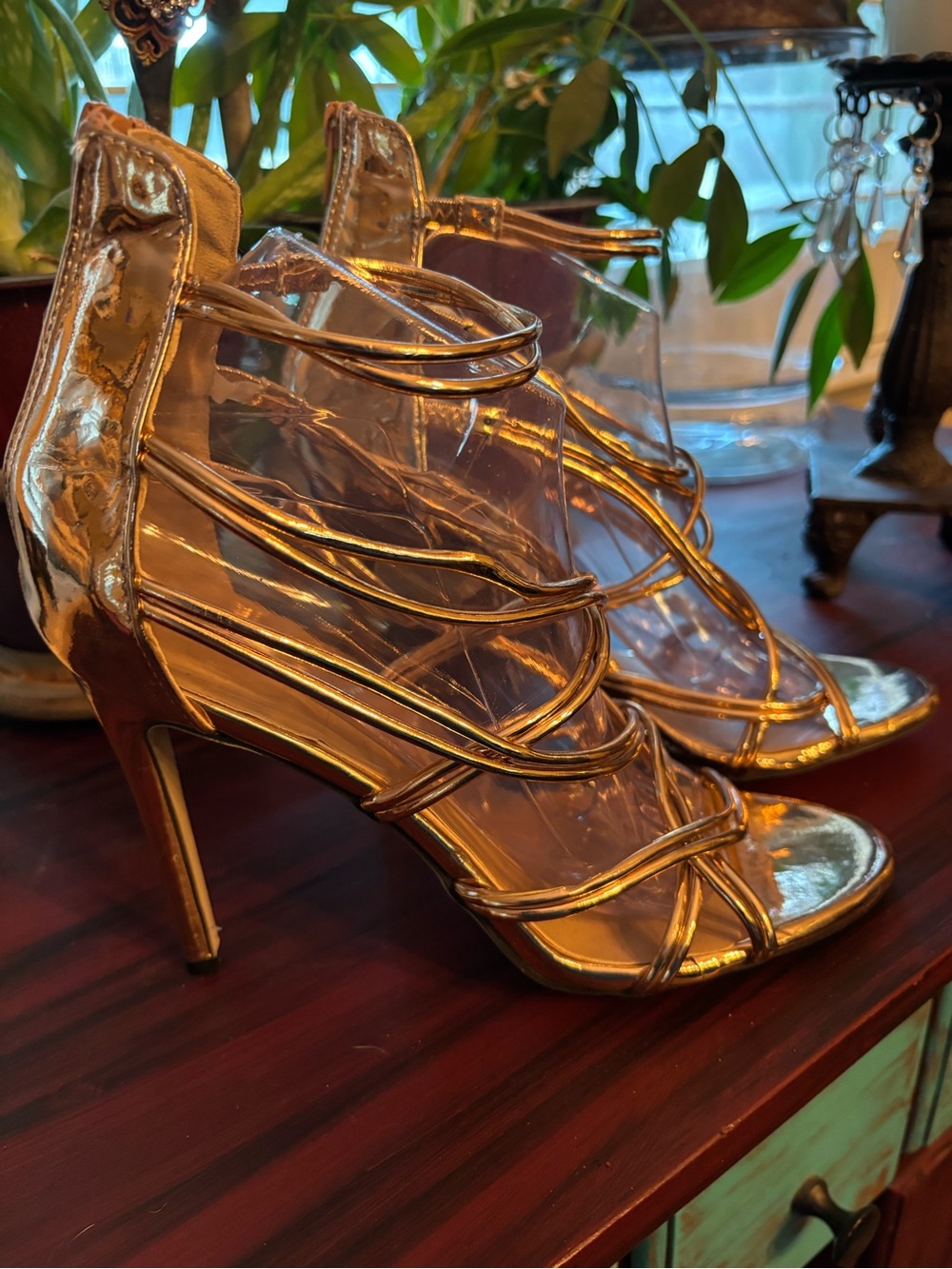 Gold Strappy High Heel Sandals - Women's Elegant Evening Shoes - Picture 1 of 9